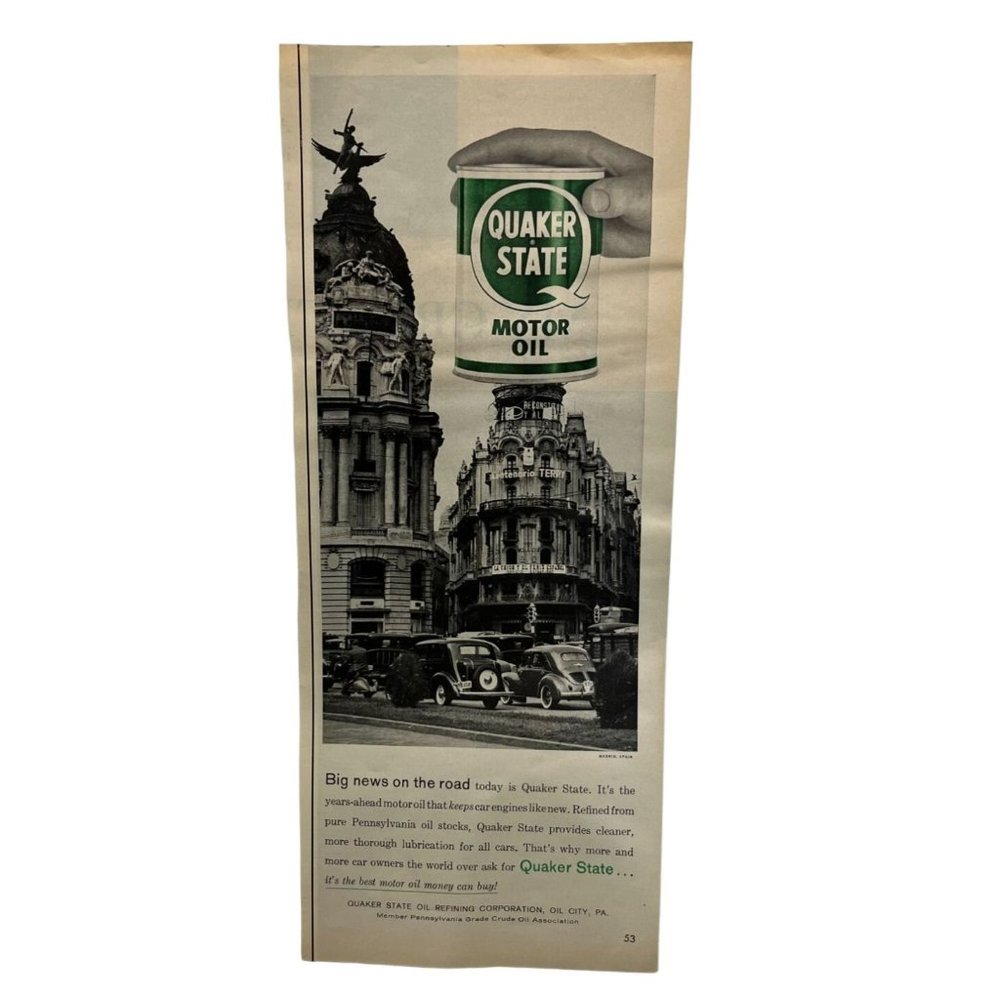 Vintage 1958 Print Ad Quaker State Motor Oil On the Road Madrid Spain